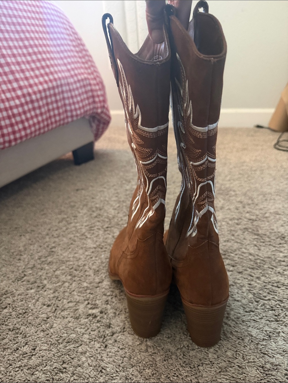 MIA Brown Suede Western Embroidered Mid-Calf Heeled Boots - Picture 5 of 8